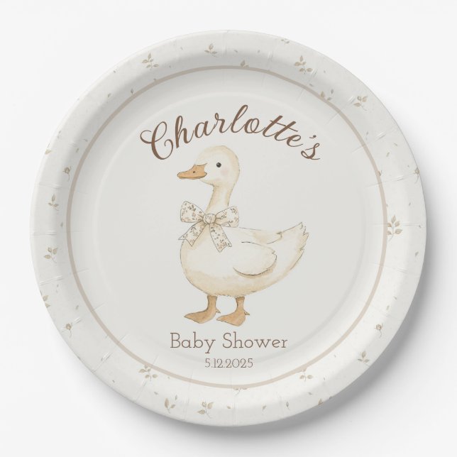 Alberne Gänse Beige Bow Vintage Babydusche Pappteller (Vorderseite)