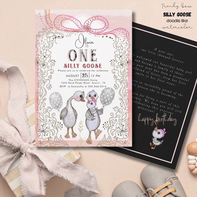 Alberne Gänse Familie Pink & Bow 1. Geburtstag Einladung (Silly Goose Family Pink & Bow 1st Birthday Invitation)