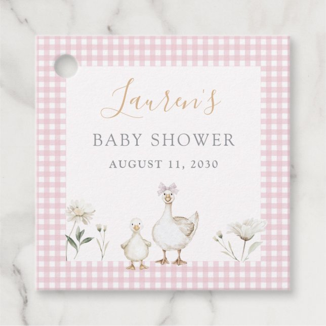 Alberne Gänse Whimsical Pink Bow Baby Dusche Geschenkanhänger (Vorderseite)