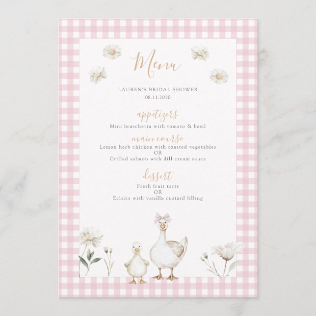 Alberne Gänse Whimsical Pink Bow Baby Dusche Menükarte (Vorderseite)