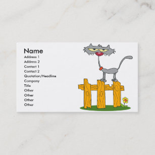alberne graue Katze stehend auf einem Zaun Cartoon Visitenkarte
