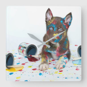 Alberne Husky-Welpe got in Paint-Ester Quadratische Wanduhr