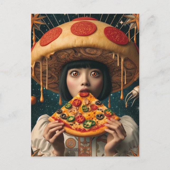 Alberne Pizzafrau mit Pepperoni Mushroom-Hut Postkarte (Vorderseite)