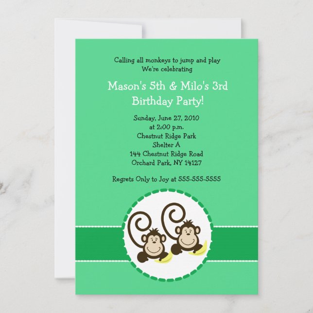 Alberner Affe Trendy 2 Kinder Einladung zum Geburt (Vorderseite)