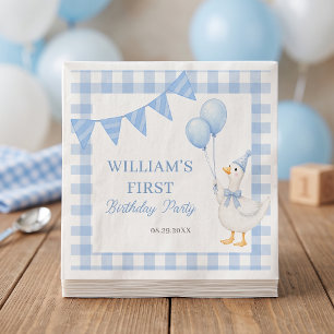 Alberner Gänseblauer Gingham-Jungen-Geburtstag Serviette
