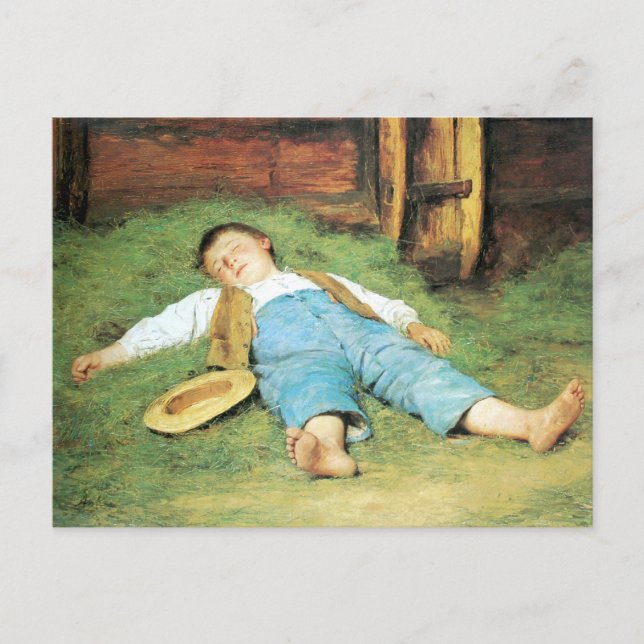 Albert Anker, Schlafender Knabe im Heu Postkarte (Vorderseite)
