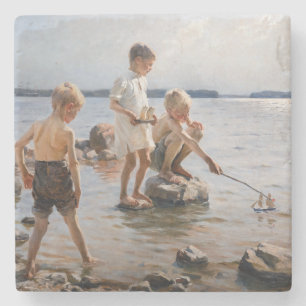 Albert Edelfelt - Jungen spielen am Ufer Steinuntersetzer