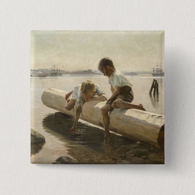 Albert Edelfelt - Zwei Jungen auf einem Baumstamm Button (Vorderseite)