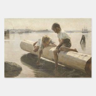 Albert Edelfelt - Zwei Jungen auf einem Baumstamm Geschenkpapier Set