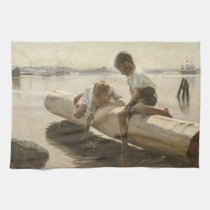 Albert Edelfelt - Zwei Jungen auf einem Baumstamm Geschirrtuch