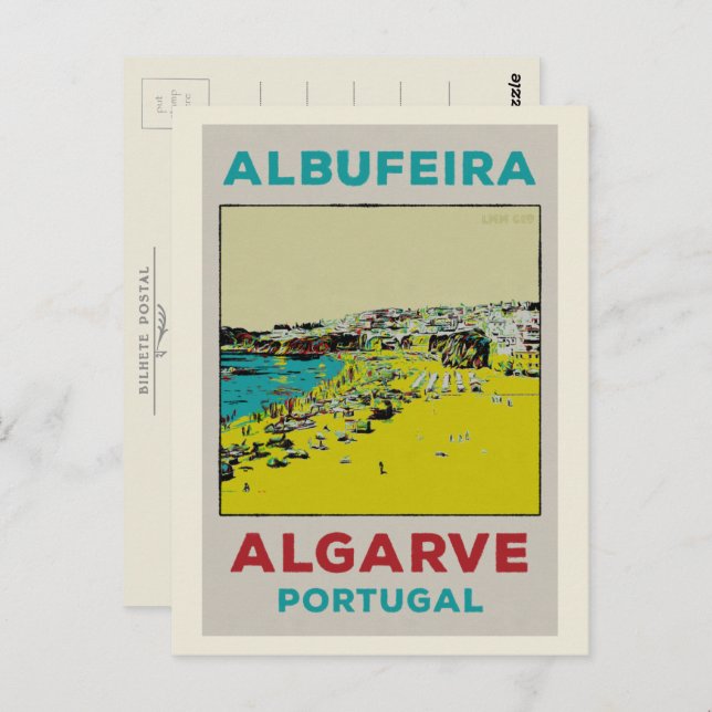 Albufeira Beach Illustration Algarve Postkarte (Vorne/Hinten)