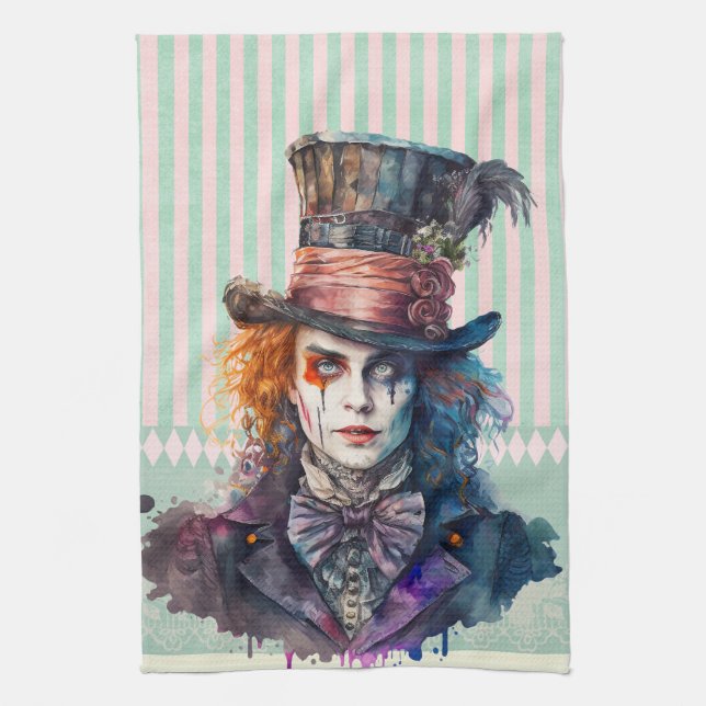 Alce in Wunderland Mad Hatter Wasserfarbe Geschirrtuch (Vertikal)