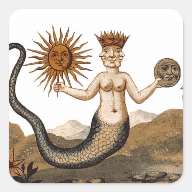 Alchemy-Bild Mittelalterlicher Merman mit 3 Gesich Quadratischer Aufkleber (Vorderseite)