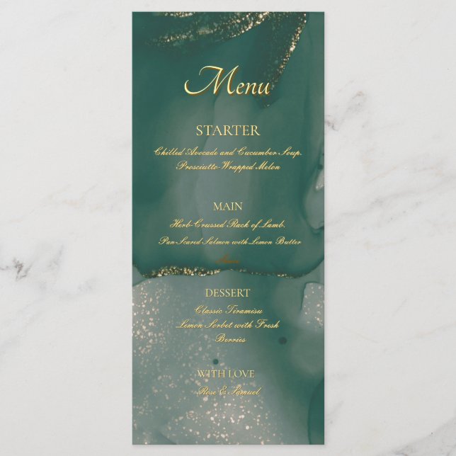 Alcohol Ink Green Glitter Chic Flat Menu Menükarte (Vorderseite)