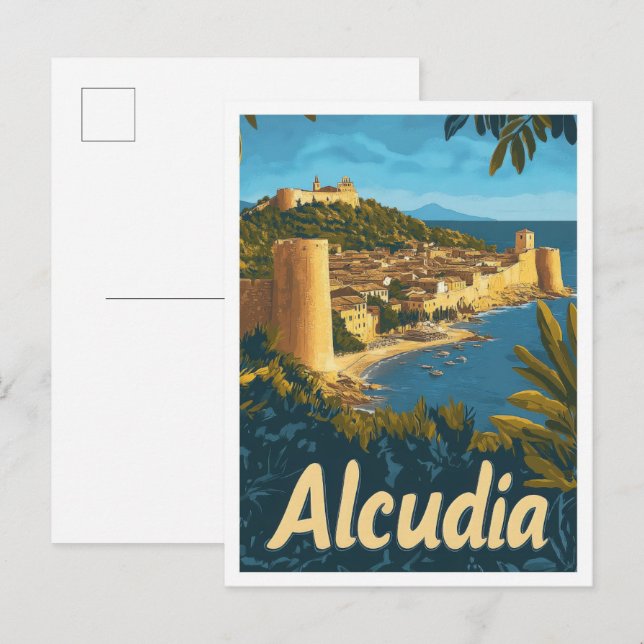 Alcudia Spain Vintage Travel Illustration Postkarte (Vorne/Hinten)