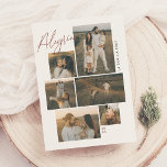 Alegría | Tarjeta de Navidad Collage de 6 Fotos Feiertagskarte<br><div class="desc">Elegante tarjeta de Navidad que präsenta un moderno krankño de collage estilo galería. Con espacio para seis fotos en distintos tamaños. La palabra "Alegría" aparece en un estilo cursivo rojo en la esquina superior izquierda, superpuesta sobre las fotos. El nombre de la familia se muestra de manera vertikal al lado...</div>