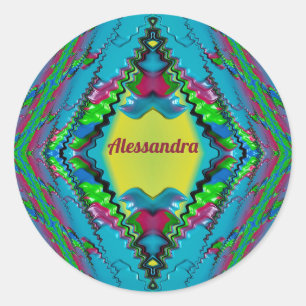 ALESSANDRA~ Schwarz Rosa Blau und Gelb Fraktal ~ Runder Aufkleber