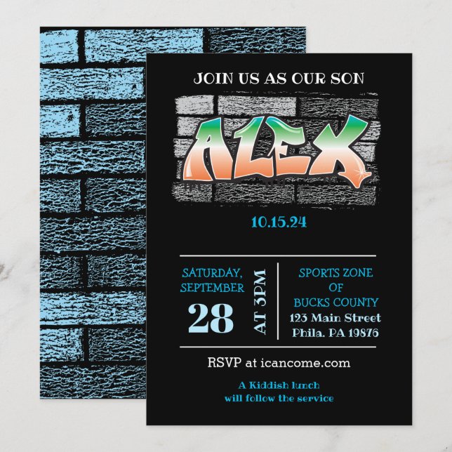 ALEX Ihr Name Graffiti Brick Wall Paint Spritzer Einladung (Vorne/Hinten)