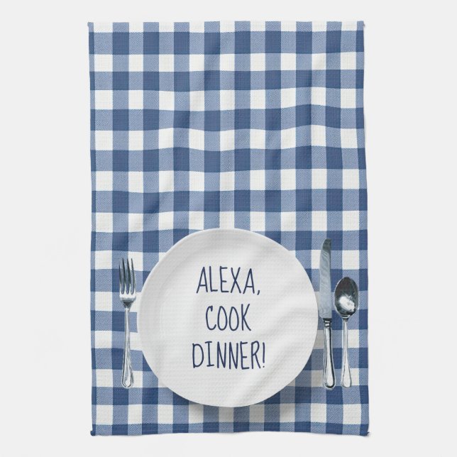 Alexa Command On Blue Gingham Geschirrtuch (Vertikal)