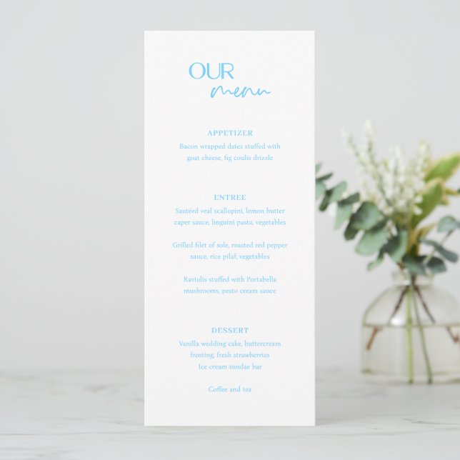 Alexis Blue Elegant Moderne Hochzeit Menükarte (Stehend Vorderseite)