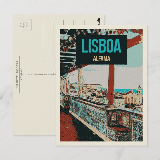 Alfama View Illustration, Lissabons Charme Postkarte (Vorne/Hinten)