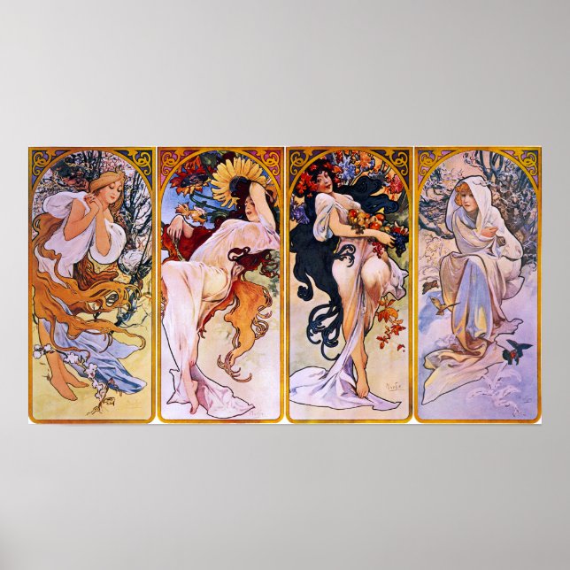 Alfons Mucha Art Nouveau Four Seasons Painting Poster (Vorne)