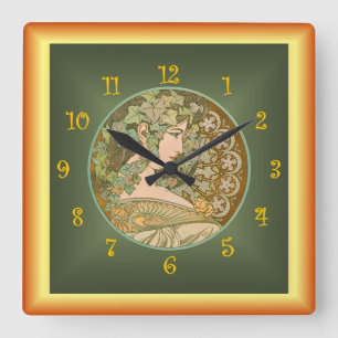 Alfons Mucha ~ Le Lierre 01 ~ Efeu ~ Art Nouveau Quadratische Wanduhr