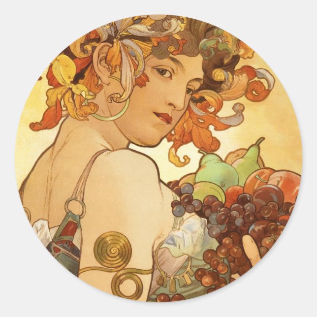 Alfons Mucha: Obst Runder Aufkleber (Vorderseite)