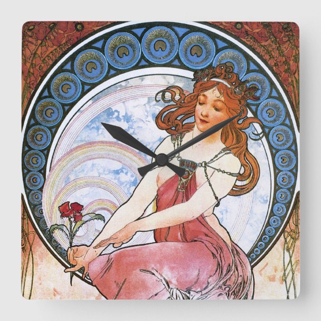 Alfons Mucha über Malerei Quadratische Wanduhr (Vorderseite)