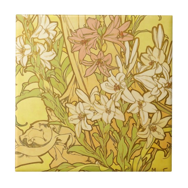 Alfonse Mucha Art Nouveau Lilien Blume Fliese (Vorderseite)