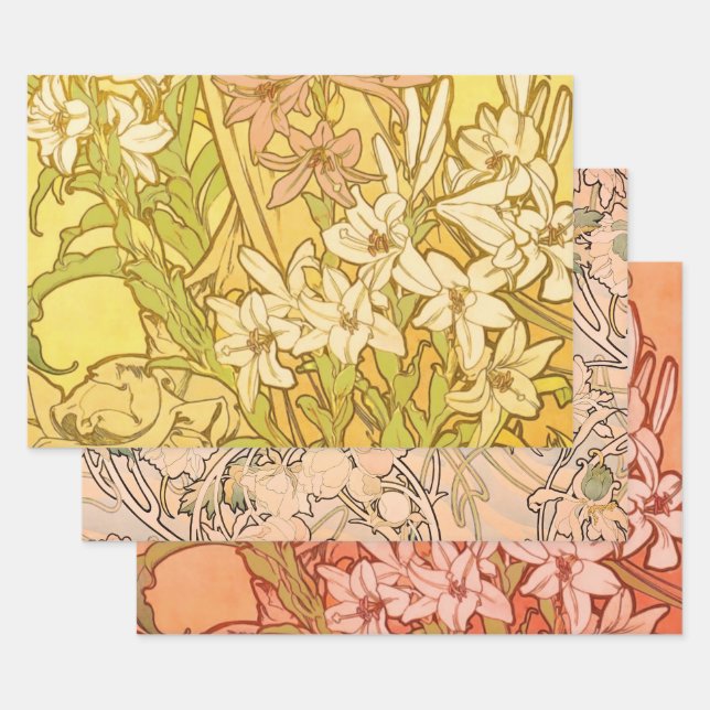 Alfonse Mucha Art Nouveau Lilien Blume Geschenkpapier Set (Set)