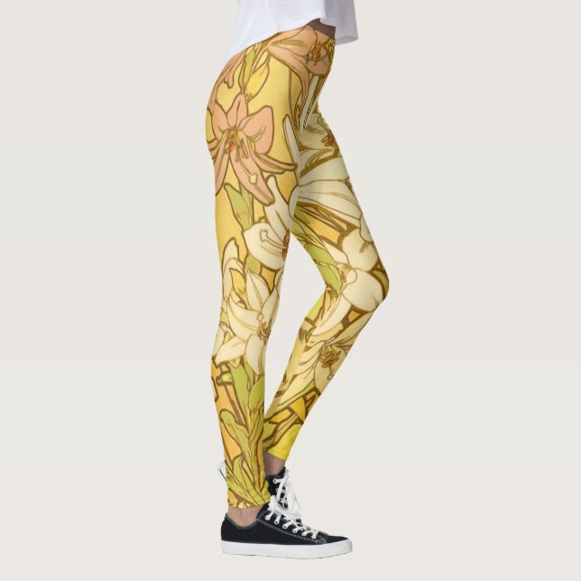 Alfonse Mucha Art Nouveau Lilien Blume Leggings (Rechts)