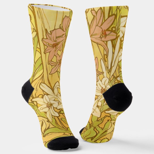 Alfonse Mucha Art Nouveau Lilien Blume Socken (Gewinkelt)