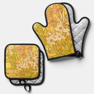Alfonse Mucha Art Nouveau Lilienblumen Ofenhandschuh & Topflappen-Set