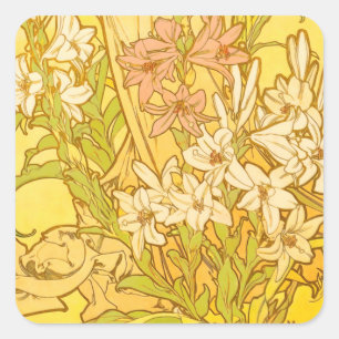 Alfonse Mucha Art Nouveau Lilienblumen Quadratischer Aufkleber