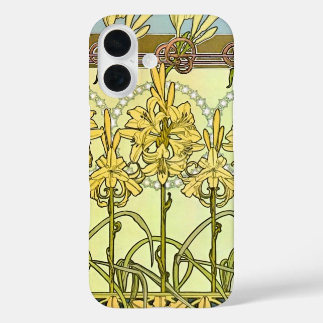 Alfonse Mucha Art Nouveau Lilienmuster Classic iPhone 16 Hülle (Rückseite)