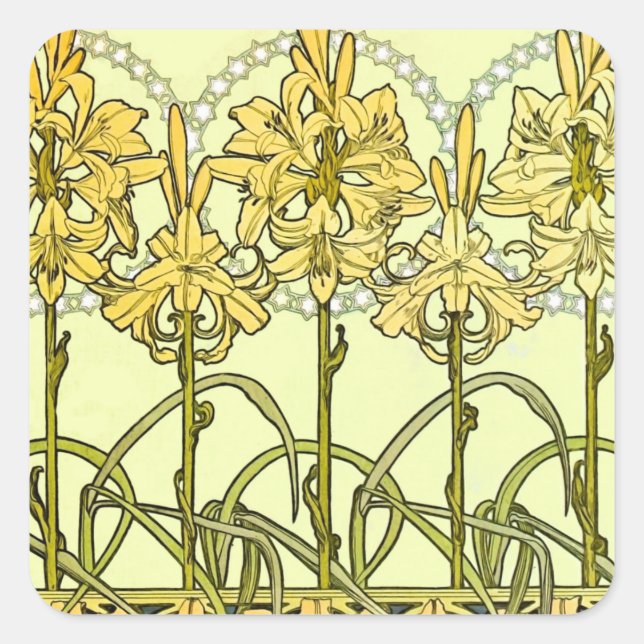 Alfonse Mucha Art Nouveau Lily Floral Pattern Quadratischer Aufkleber (Vorderseite)