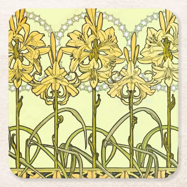 Alfonse Mucha Art Nouveau Lily Floral Pattern Rechteckiger Pappuntersetzer (Vorderseite)