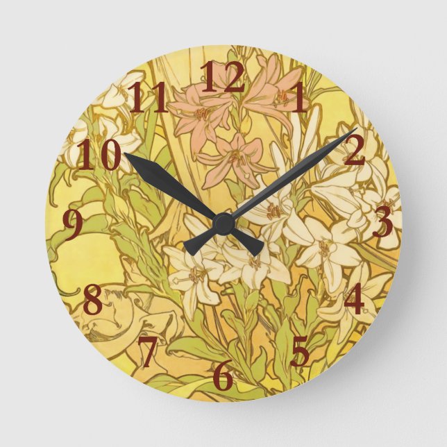 Alfonse Mucha Art Nouveau lily flowers Runde Wanduhr (Vorderseite)