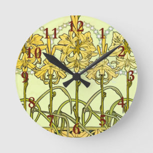 Alfonse Mucha Art Nouveau lily pattern classic Runde Wanduhr