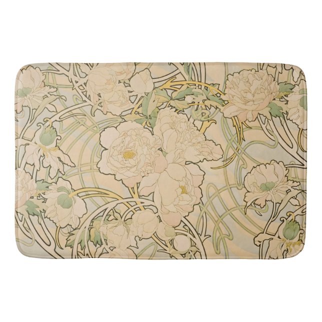 Alfonse Mucha Art Nouveau Peonies Botanische Kunst Badematte (Vorderseite)