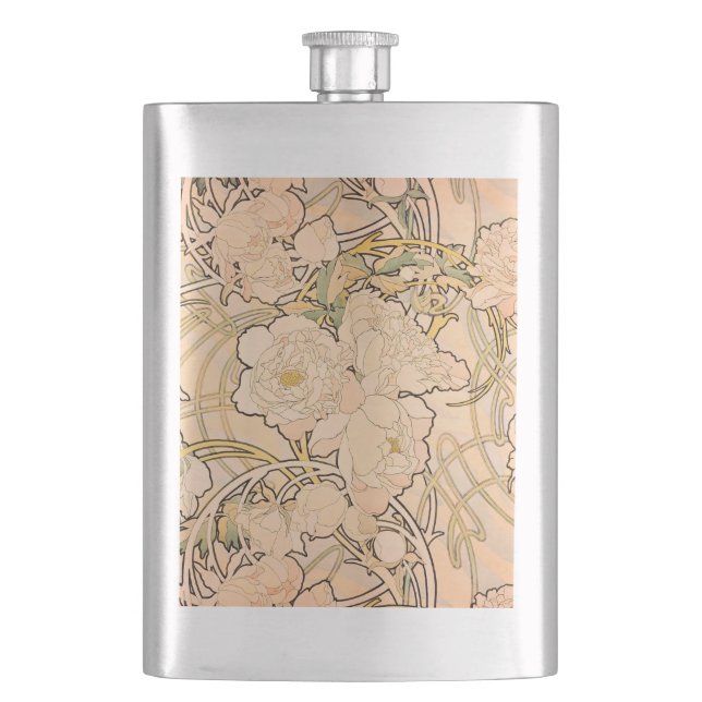 Alfonse Mucha Art Nouveau Peonies Flachmann (Vorderseite)