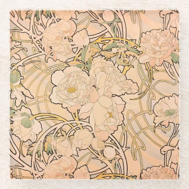 Alfonse Mucha Art Nouveau Peonies Glasuntersetzer (Vorderseite)