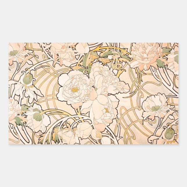 Alfonse Mucha Art Nouveau Peonies Rechteckiger Aufkleber (Vorderseite)