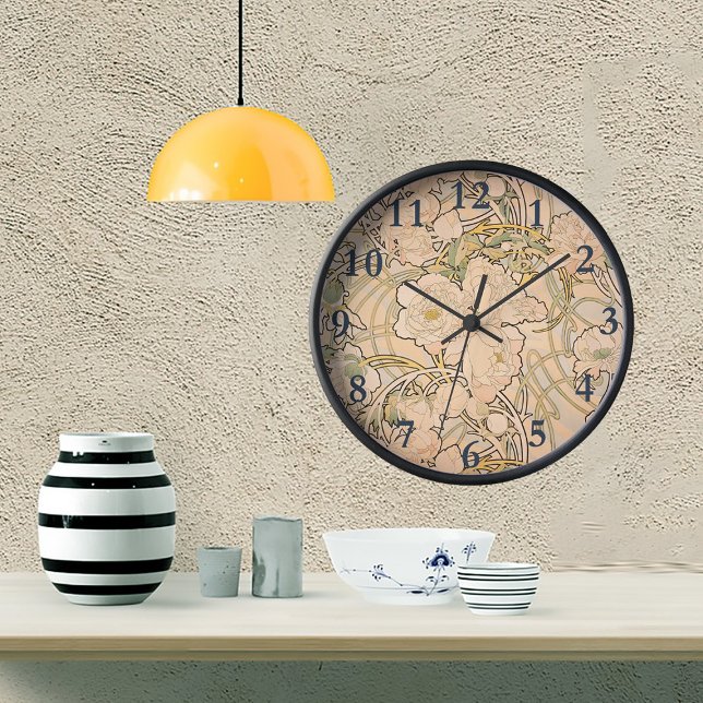 Alfonse Mucha Art Nouveau Peonies Runde Wanduhr (Von Creator hochgeladen)