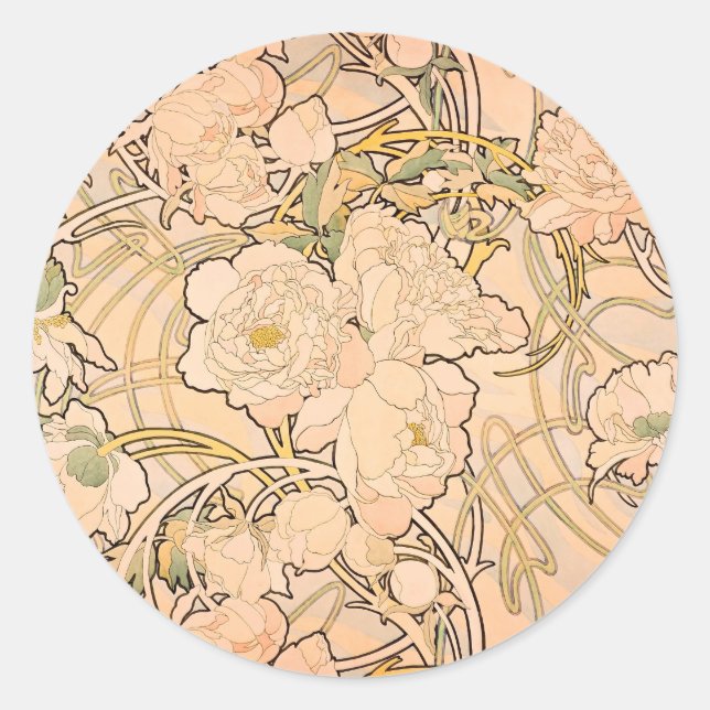 Alfonse Mucha Art Nouveau Peonies Runder Aufkleber (Vorderseite)
