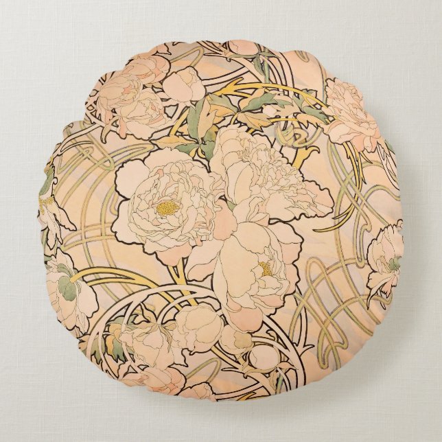 Alfonse Mucha Art Nouveau Peonies Rundes Kissen (Vorderseite)