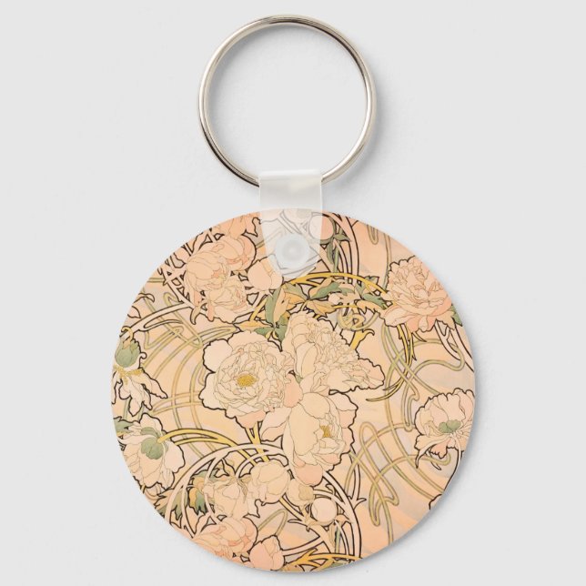 Alfonse Mucha Art Nouveau Peonies Schlüsselanhänger (Vorderseite)