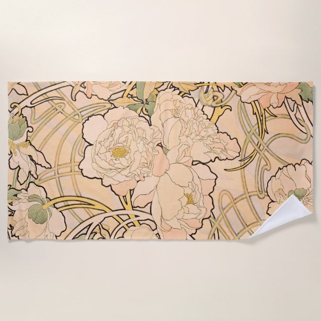 Alfonse Mucha Art Nouveau Peonies Strandtuch (Vorderseite)