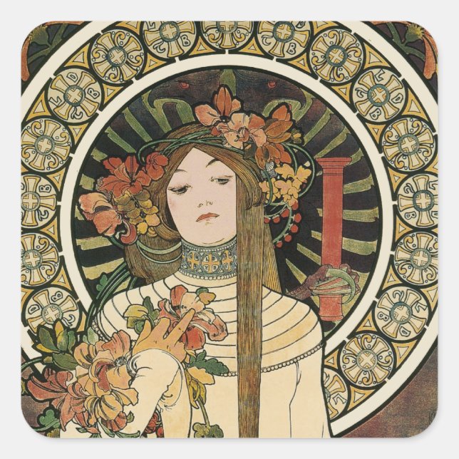 Alfonse Mucha Trappistine Nouveau Quadratischer Aufkleber (Vorderseite)